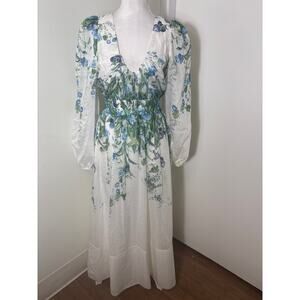 Sheike White Green Floral Long Sleeve Maxi Dress Sz 8